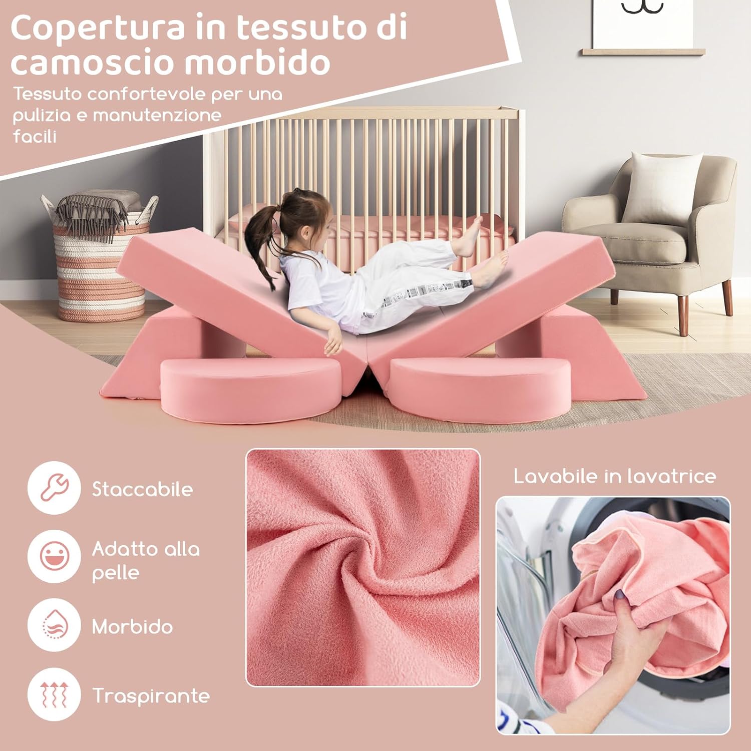 Divano Modulare per Bambini 8 Pezzi, Divanetto per Bambini con Copertura Staccabile per Sala Giochi e Camera da Letto, Divano Creativo per Bambini per Giocare, Creare e Dormire (Rosa)