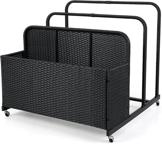 Baule da Esterno in Rattan PE, Cestino Portaoggetti su Ruote con Scomparti, Contenitore Salvaspazio con Scaffale per Cuscini, Salvagenti, Giocattoli, Portata 30 kg (Nero)
