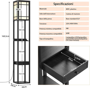 Lampada a Stelo con Ripiani e Cassetto, Lampada a Piantana Moderna con 2 Porte USB, Lampada da Terra per Salone e Camera da Letto, 26 x 26 x 160,5 cm (Modello 1)
