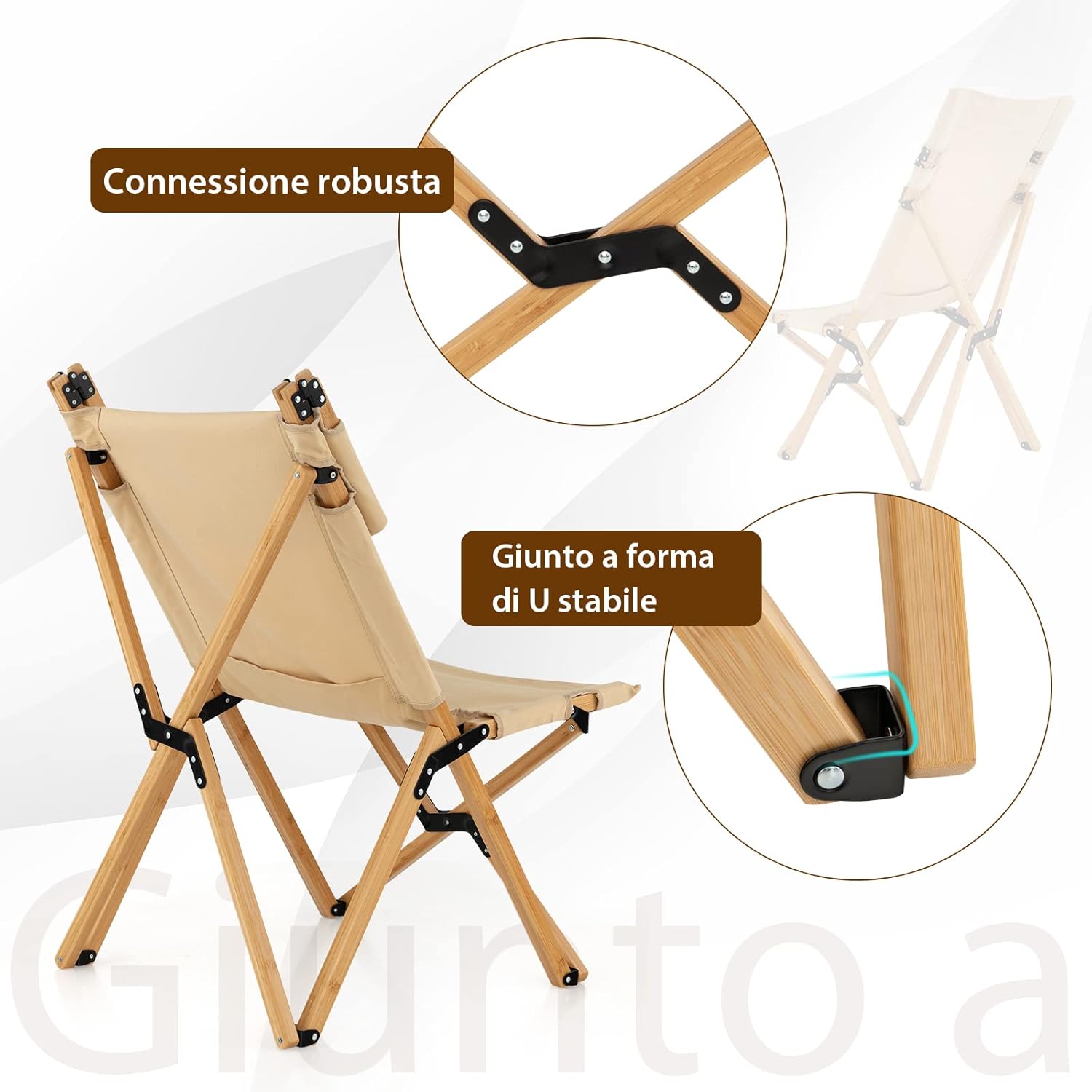 Sedia da Campeggio Pieghevole e Portatile, Sedia in bambù con Schienale Regolabile a 2 Livelli e Borsa, Sedia in Tela Ultraleggera per Picnic, Spiaggia e Patio, Portata 150 kg