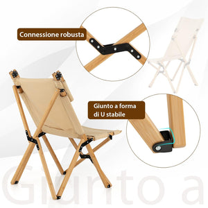 Sedia da Campeggio Pieghevole e Portatile, Sedia in bambù con Schienale Regolabile a 2 Livelli e Borsa, Sedia in Tela Ultraleggera per Picnic, Spiaggia e Patio, Portata 150 kg