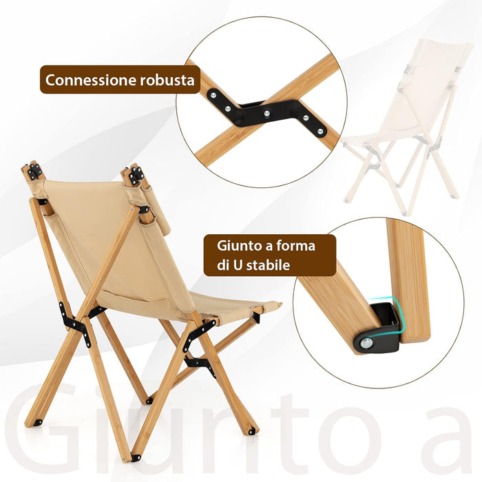 Sedia da Campeggio Pieghevole e Portatile, Sedia in bambù con Schienale Regolabile a 2 Livelli e Borsa, Sedia in Tela Ultraleggera per Picnic, Spiaggia e Patio, Portata 150 kg