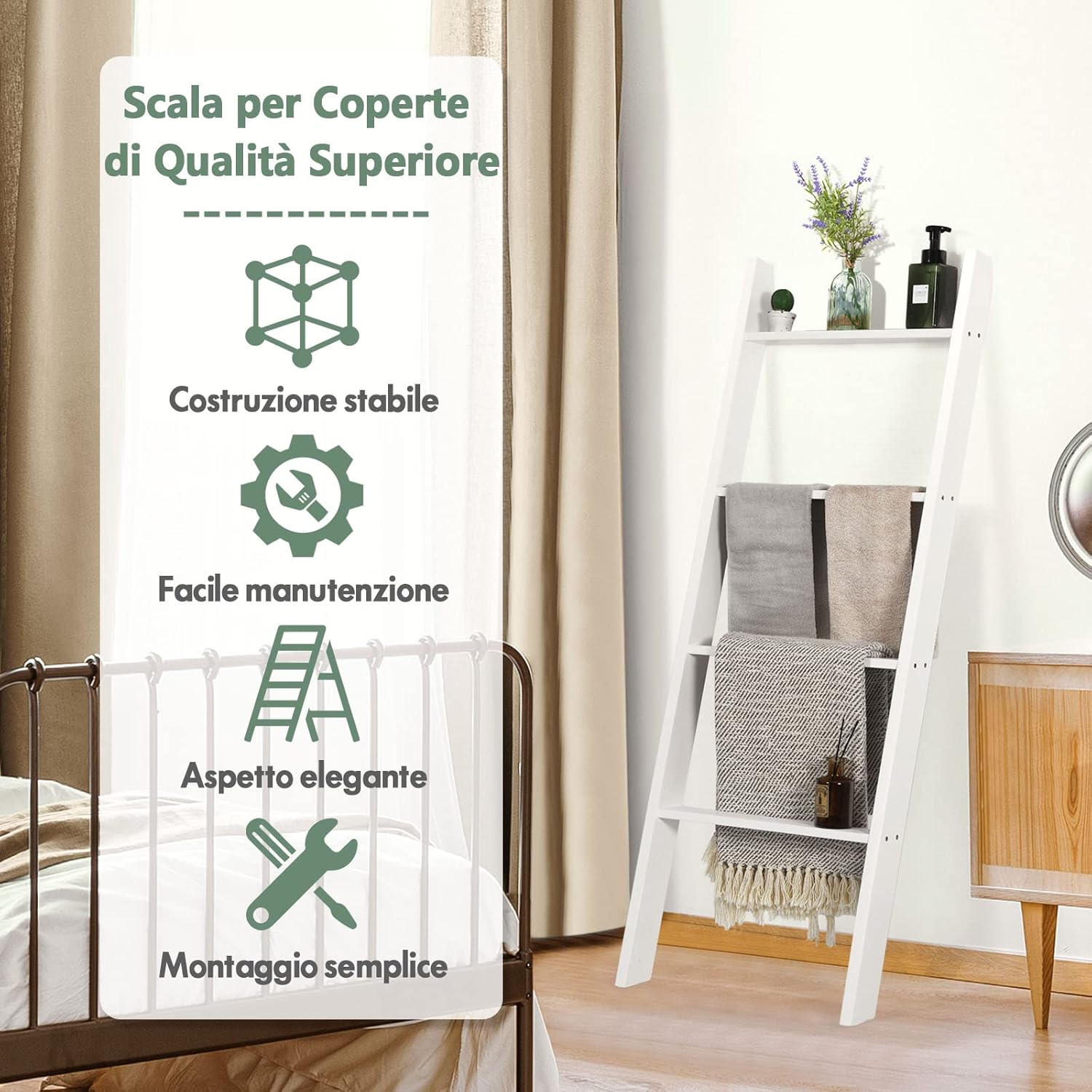 Scaffale di Stoccaggio in Legno di Pino, Porta Asciugamani a 4 Livelli per Bagno, Porta Salviette, Multiuso per Bagno Soggiorno (Bianco, 51 x 8 x 137 cm)