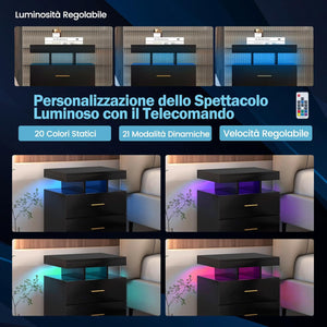 Comodino con Luci LED 50x40x58cm, Tavolino Camera da Letto Moderno con 2 Cassetti, Mobile Cameratta con Telecomando per Soggiorno e Ufficio (Nero)