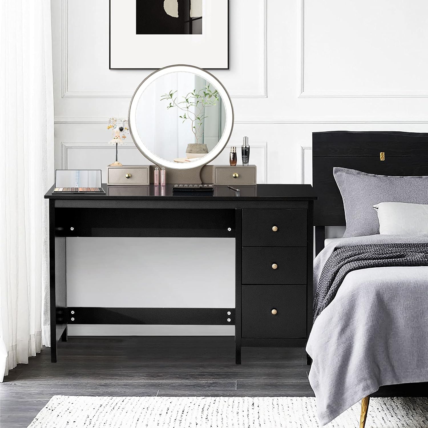 Scrivania per Computer con 3 Cassetti, Tavolo Porta PC con Superficie Spaziosa, Tavolo Moderno per Casa Studio Ufficio (Nero)