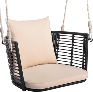 Altalena da Giardino in Rattan PE, Sedia Pensile con Cuscino e Schienale, Altalena per Portico con Telaio Metallico e 2 Corde, Portata 180 KG (Beige)