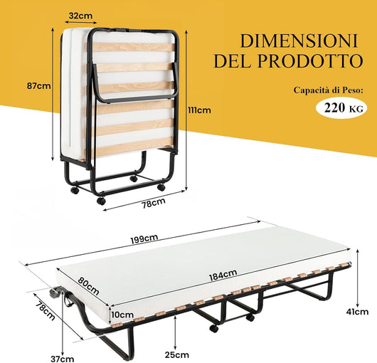 Brandina Pieghevole con Materasso in Schiuma, Lettino Pieghevole con 4 Ruote Girevoli, Struttura Resistente in Metallo, per Casa Ufficio, Carico Massimo 220kg