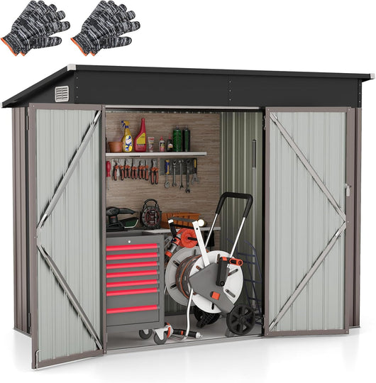 Casetta Attrezzi Giardino in Metallo, Capanno per Attrezzi con 2 Porte e 2 Finestre per Ventilazione, 235 x 117 x 185 cm, Ripostiglio da Esterno con 2 Paia di Guanti (Grigio Caldo)