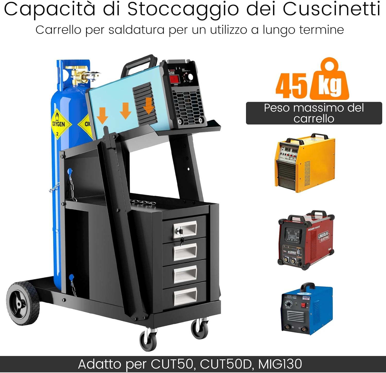 Carrello in Acciaio per Trasporto Saldatrice con Portabombola, Carrello Porta Saldatrice con 4 Cassetti, Nero