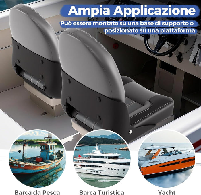 Set di 2 Sedie da Barca, Sedili Alti da Barca Pieghevole Morbide Imbottite Spesse, Sedile Nautica Ergonomico per Imbarcazioni da Pesca, 46 x 52 x 58 cm, Nero e Grigio