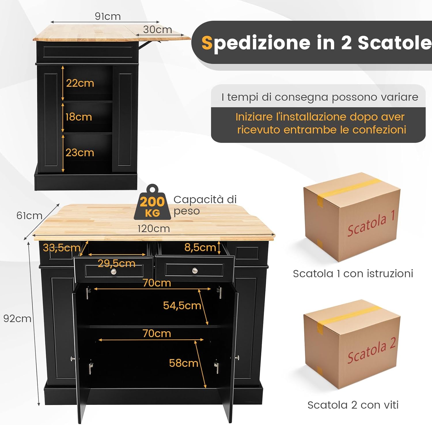 Credenza da Cucina in Legno, Isola da Cucina con Contenitore, con Ripiani Regolabili a 3 Livelli, 120 x 61 x 92 cm, Carico 200 kg (Nero)