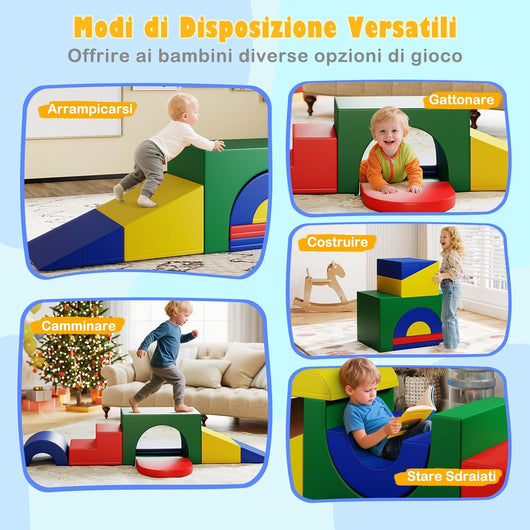 Set di 7 Blocchi da Arrampicata e Strisciamento per Bambini da 1 Anno in Su, Set di Costruzioni in Schiuma da Interno per Bambini a Arrampicarsi, Strisciare e Scivolare (Verde)