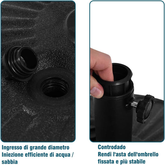 Base per Ombrellone, per Pali da 38-48mm, Base Ombrellone in Plastica e Ferro, 23L, 51x51x13cm, Nero
