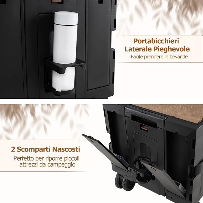 Carrello da Spiaggia Pieghevole 150 L, Carrello con Ruote Portatutto con Armadio a 2 Livelli e Manico Telescopico in Metallo, Carretto Giardino Portatile per Campeggio, Portata 120 kg (Nero)