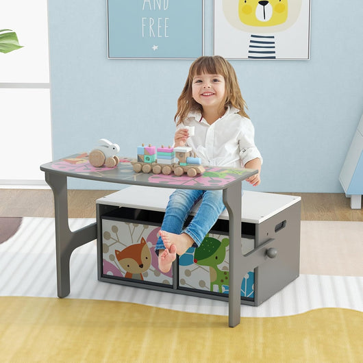 Cassapanca Contenitore 3 in 1 per Bambini Trasformabile in Legno con 2 Cassetti in Tessuto, Tavolo bambini con Sedie Multifunzione, Scatola dei Giocattoli per 3-7 Anni (Grigio)