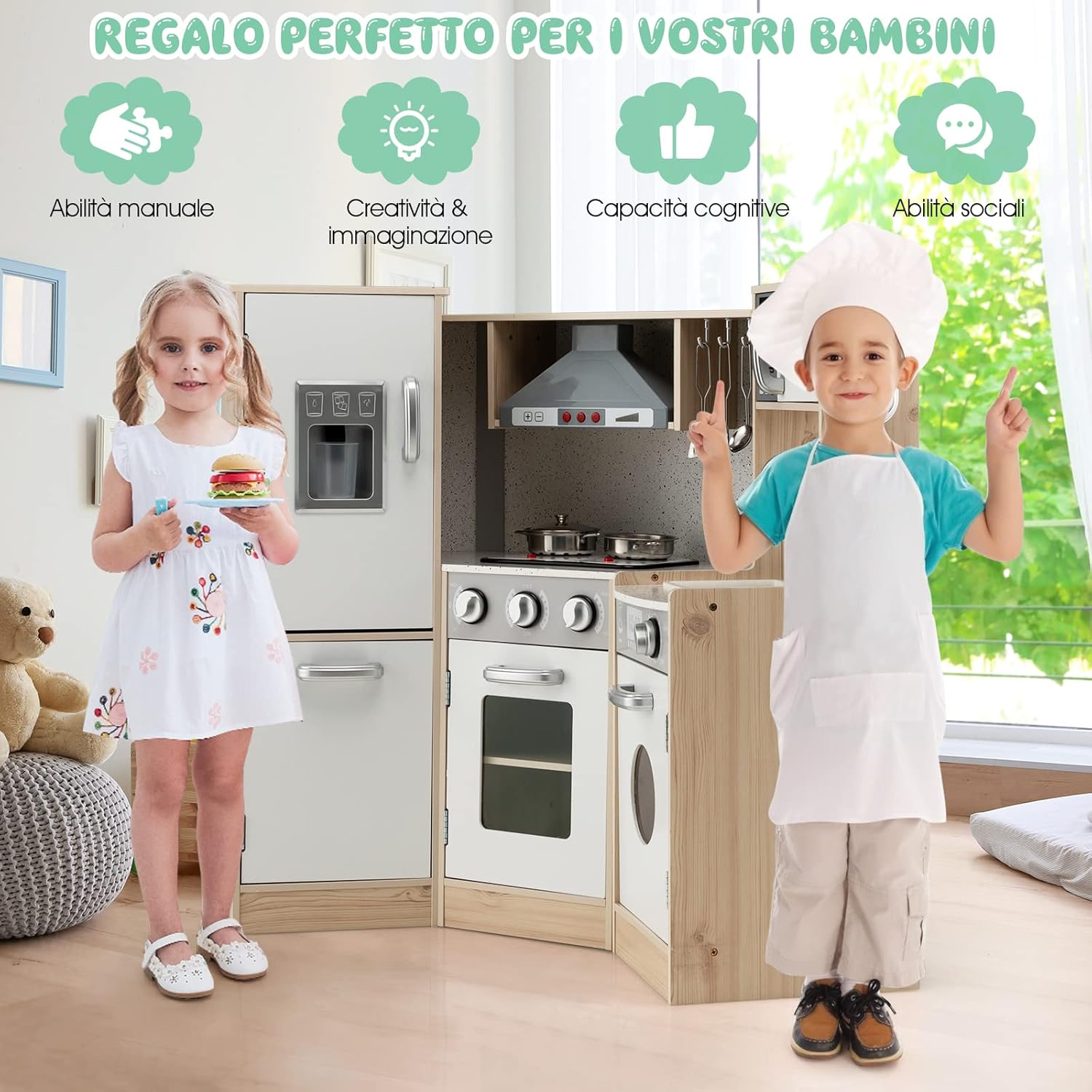 Cucina Giocattolo per Bambini in Legno, Cucina per Bambini con Macchina del Ghiaccio, Telefono, Lavatrice, Forno, Microonde, Lavello e Rubinetto, Funzione Luci e Suoni, per Bambini 3+ Anni