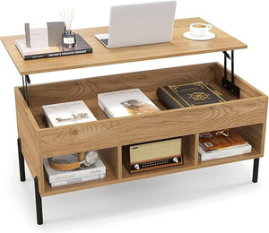 Tavolino da Caffè Sollevabile, Tavolo da Salotto con Piano Sollevabile, Ampio Comparto Nascosto e 3 Scomparti Aperti, Tavolo da Cocktail con Gambe in Metallo