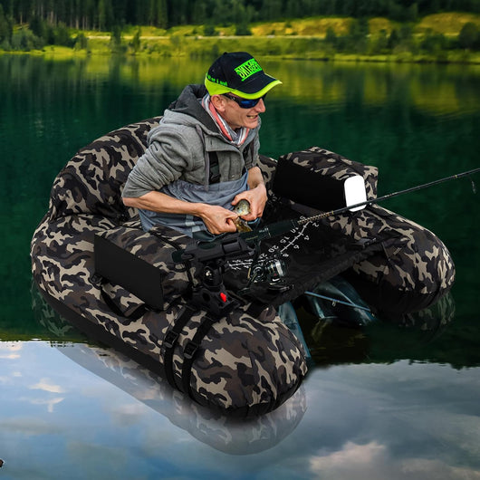 Barca Gonfiabile da Pesca, Belly Boat Portatile con Portacanna Regolabile, Supporto per Ami, Pagaia in Alluminio, Pinne, Pompa e Kit di Riparazione, Portata 150 kg