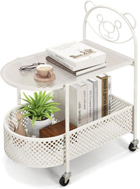 Tavolino da Caffè in Vetro a 2 Livelli, Tavolino Laterale con Ruote Bloccabili, Motivo Orso e Cesta di Stoccaggio, Tavolino per Salotto, Camera da Letto e Studio (Oro)