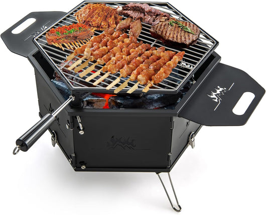 Barbecue a Carbone Portatile, Barbecue a Carbone da Esterno con Griglia Girevole a 360Â°, Corpo e Gambe Pieghevoli, per Feste, Campeggio, Escursioni