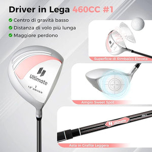 Set Completo di Mazze da Golf da Dona, Include Driver 460CC 1, Fairway 3, Ibrido 4, Ferri 6, 7, 8, 9 e P, Putter, 3 Copri Mazzetta e 1 Borsa per Destrimano
