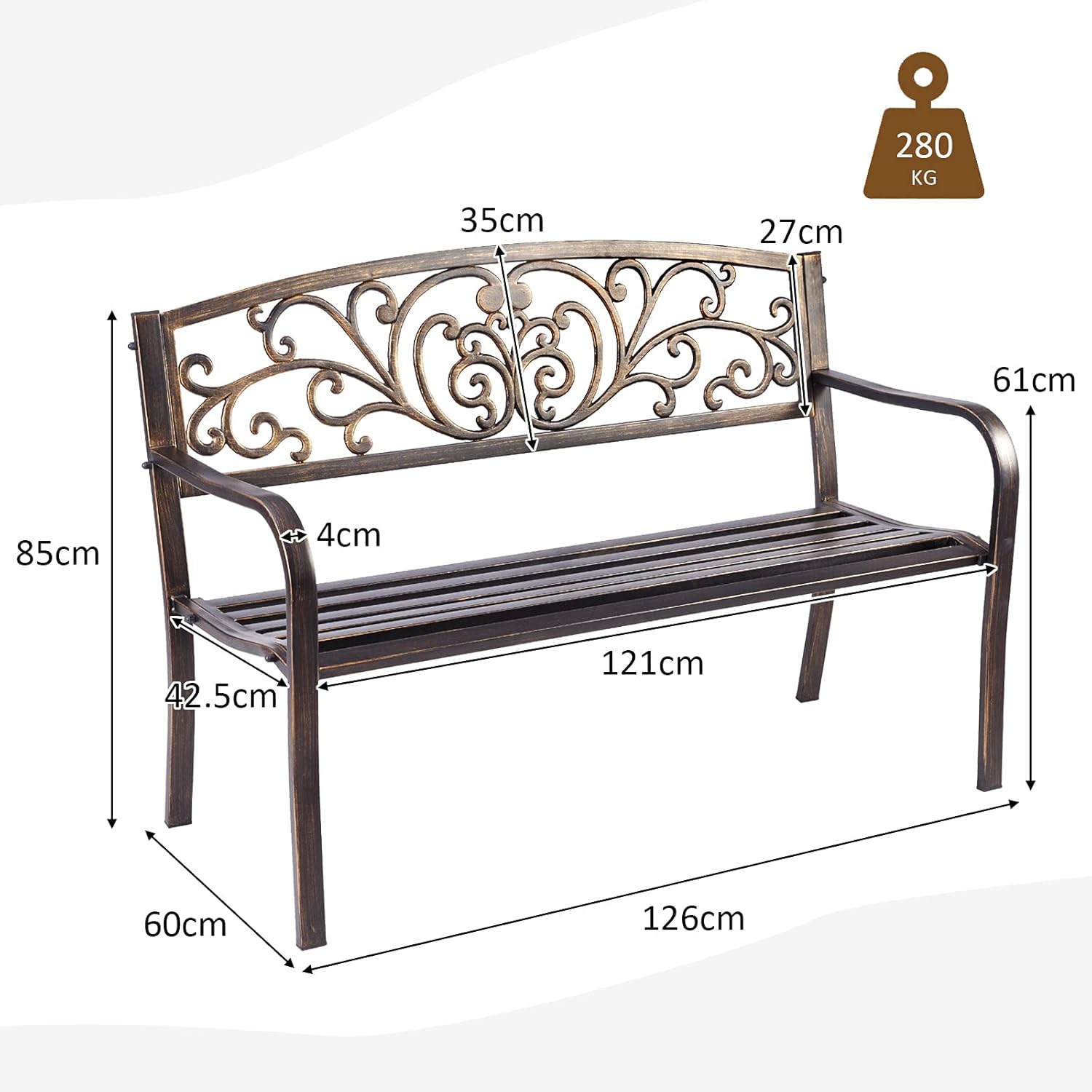 Panchina da Esterno, Panchina in Metallo Verniciato con Schienale Bello, Sedile Ampio e Braccioli Ergonomici, Panca da Giardino, Balcone e Cortile, 126 x 60 x 85 cm (Bronzo)