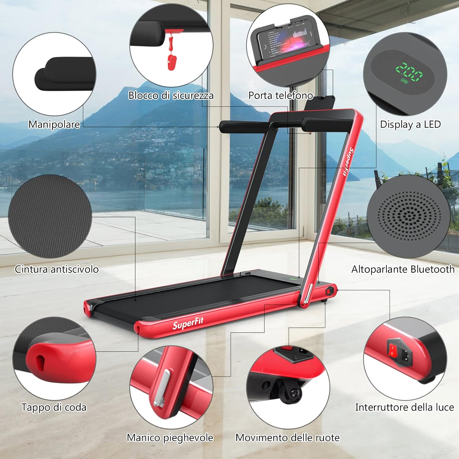 Tapis Roulant Elettrico Pieghevole Salvaspazio, Tapis Roulant Velocità Regolabile 1-12 km/h, con Altoparlante, Bluetooth, Telecomando e Schermo LED, Portata 120 kg (Rosso)