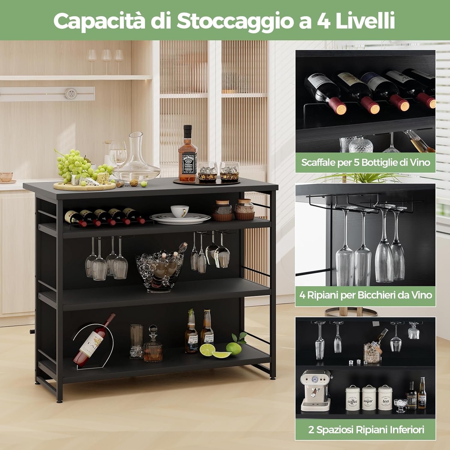 Isola per Cucina con Ampio Piano di Lavoro, Mobile da Cucina con 3 Ripiani Aperti, Poggiapiedi e Piedini Regolabili, Struttura in Metallo, per Cucina, Soggiorno, 120 x 60 x 101cm (Nero)
