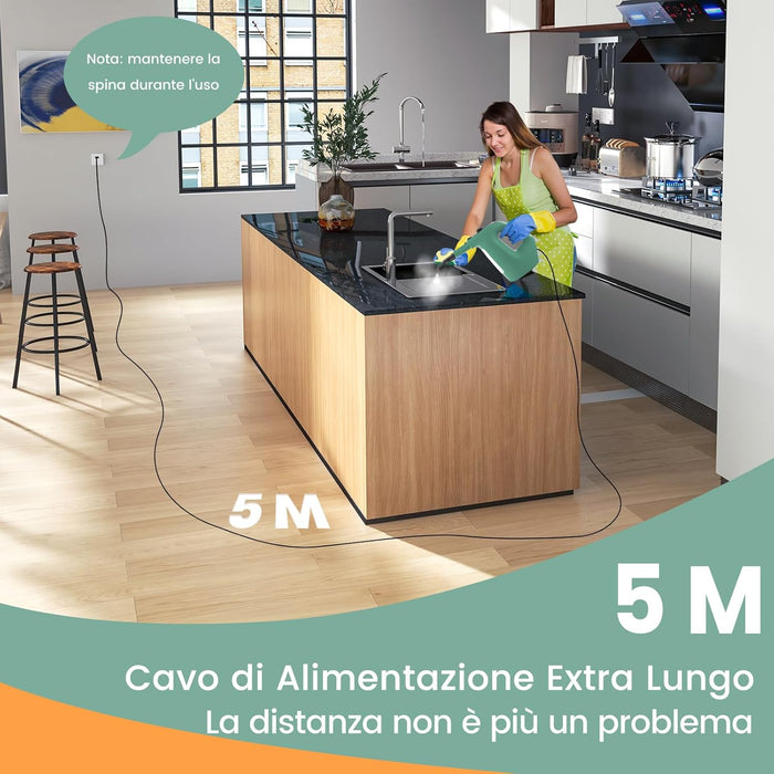 1500W Pulitore a Vapore Portatile, Macchina a Vapore con Serbatoio d'Acqua da 400 ml Blocco per Bambini e Kit di Accessori da 14 Pezzi, 33x13x24,5 cm (Verde)