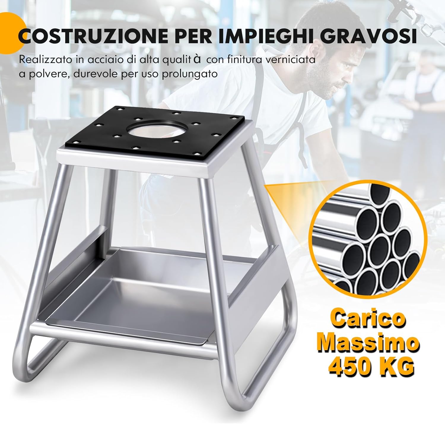 Cavalletto Sollevatore per Moto da Cross, Supporto per Moto Fuoristrada in Metallo con Superficie Antiscivolo, Vaschetta Olio Rimovibile, Portata 450 kg
