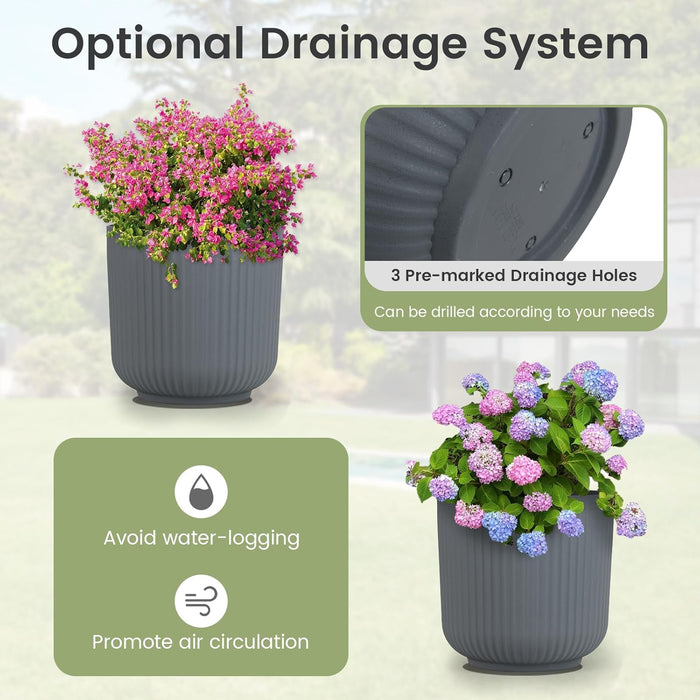 Set di Vasi Rotondi in Plastica, 2 Vasi per Fiori a Strisce con Sistema di Drenaggio Opzionale, Vasi Decorativi per Piante da Interni ed Esterni per Veranda, Giardino e Balcone