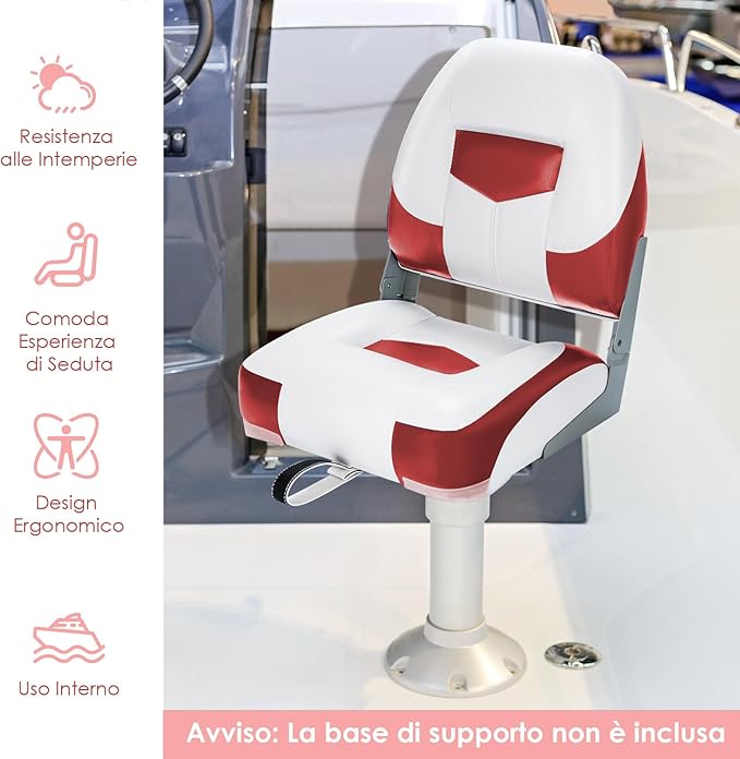 Set di 2 Sedie da Barca, Sedie per Barca Con Schienale Basso, Sedia da Barca Pieghevole, con Schiuma Spessa, Cinghia di Fissaggio, 50 x 42 x 52 cm (Rosso+Bianco)