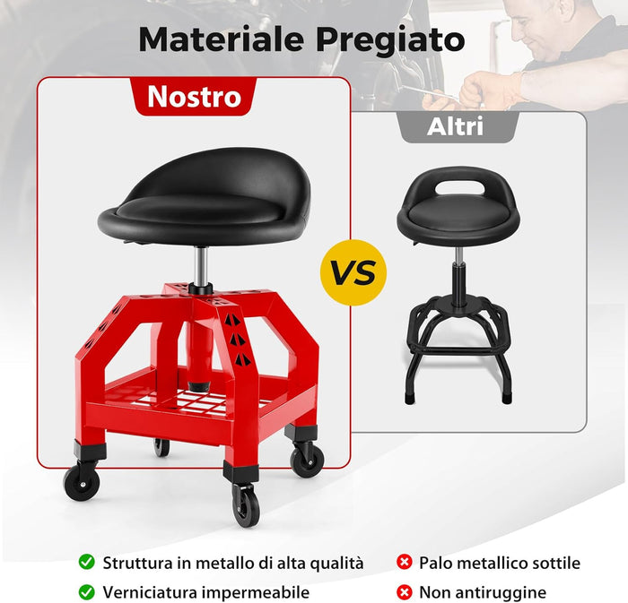 Sgabello da Officina, Sgabello Meccanico Rotante con Vassoio Porta Attrezzi, Regolabile in Altezza e 4 Ruote Universali, capacità di 150 kg, per Garage, Officina (Rosso)