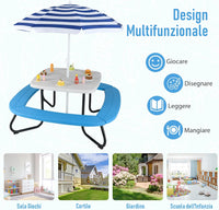 Tavolo da Picnic per Bambini con 8 Posti 125 × 125 × 100-160 cm, Tavolino Bambini in HDPE con Ombrellone Regolabile e Pieghevole, Struttura in Metallo e 4 Panchine (tavolo bianco)