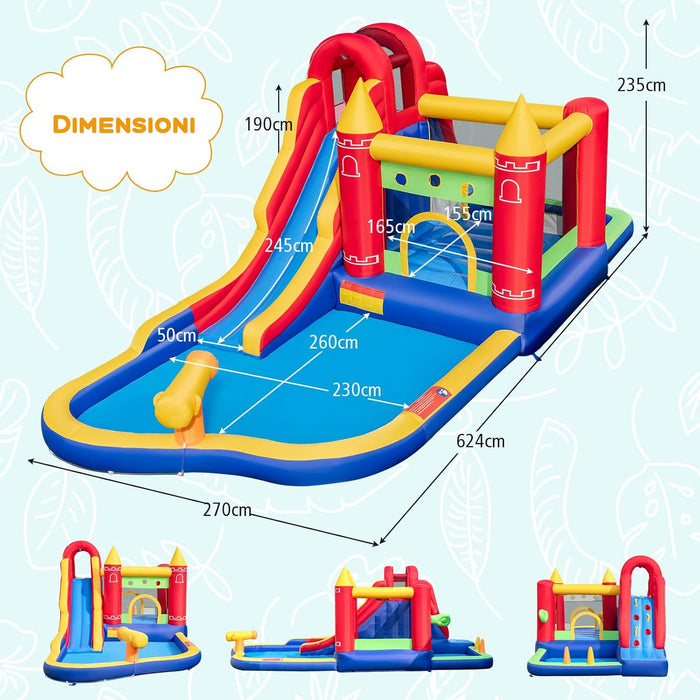 Castello Gonfiabile, Casa Gonfiabile con Scivolo, Piscina, Parete da Arrampicata, Trampolino e Cannone d'Acqua, con ventilatore, per Bambini di 3-10 Anni, 624 x 270 x 235 cm