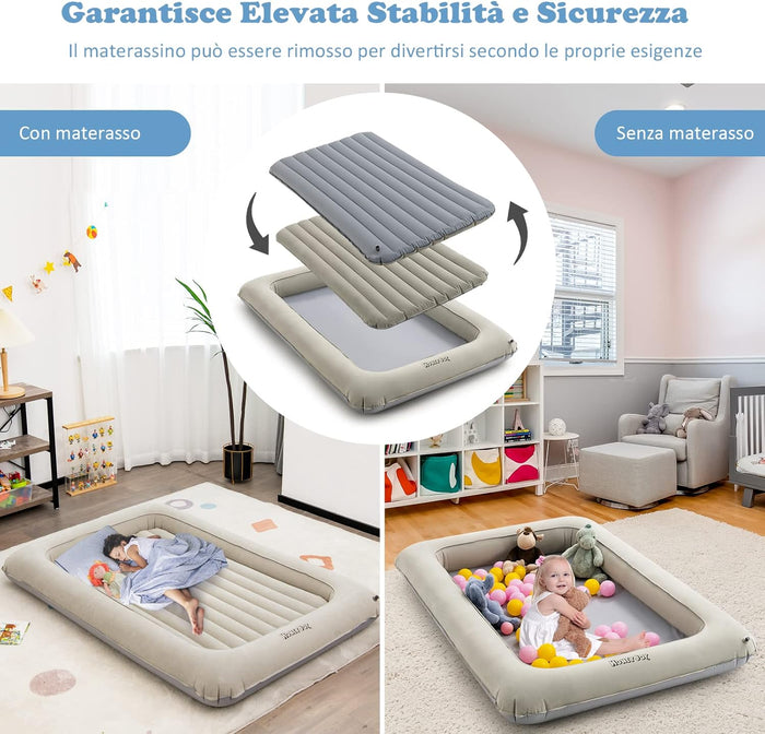 Letto Gonfiabile per Bambini in Viaggio, Set di Materasso Ad Aria Portatile con Pompa Elettrica, Letto Gonfiabile con Barriere Laterali Alte, 165x118x20 cm, Carico150 kg (Grigio)