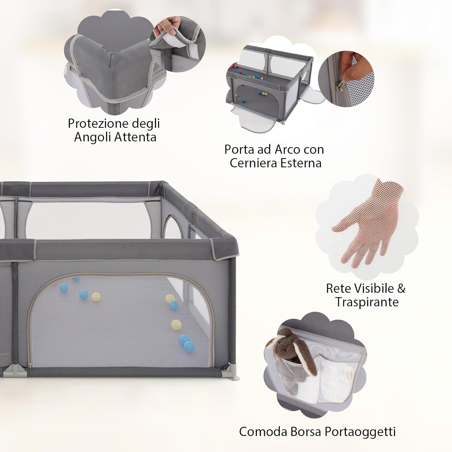 Recinto per Bambini, Box per Bambini con Rete Traspirante, Centro Attività per Bambini con 50 Palline, Box Giochi per Bambini 0-3 Anni (Grigio Scuro, 206 x 147 cm)