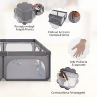 Recinto per Bambini, Box per Bambini con Rete Traspirante, Centro Attività per Bambini con 50 Palline, Box Giochi per Bambini 0-3 Anni (Grigio Scuro, 206 x 147 cm)