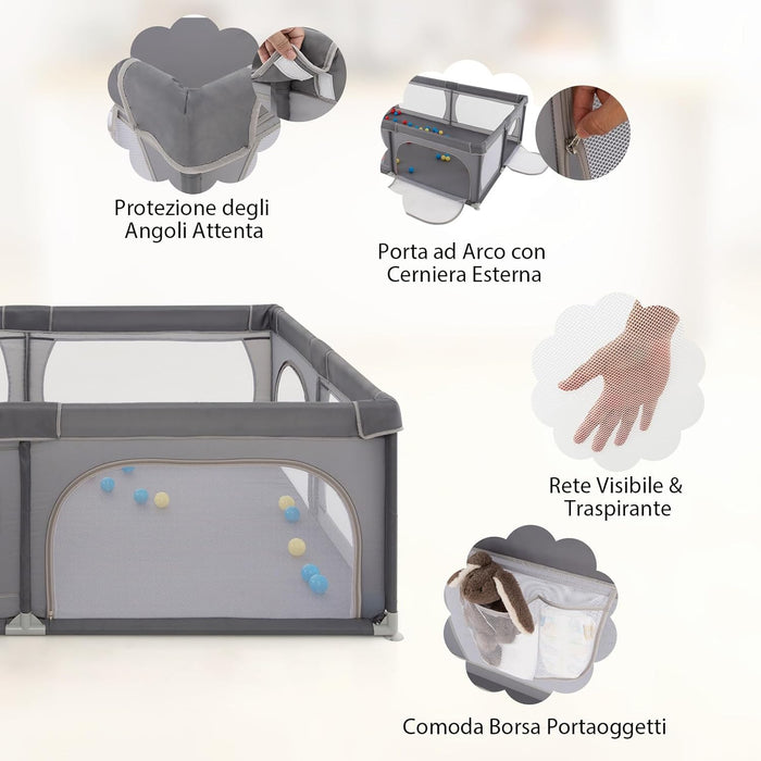 Recinto per Bambini, Box per Bambini con Rete Traspirante, Centro Attività per Bambini con 50 Palline, Box Giochi per Bambini 0-3 Anni (Grigio Scuro, 206 x 147 cm)