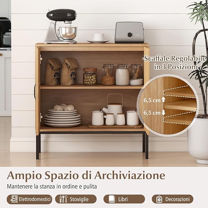 Credenza da Cucina, Armadio con 2 Ante Intrecciate in Rattan, Ripiano Regolabile a 3 Posizioni, Armadietto Boho per Cucina, Sala da Pranzo, Soggiorno e Corridoio, 80 x 38 x 81 cm (Naturale)