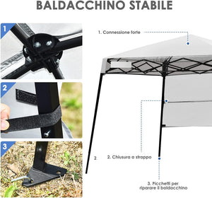 Gazebo Pieghevole da Giardino 210 x 210CM, Struttura in Acciaio, Altezza Regolabile, Gazebo da Esterno con Borsa, Ideale per Feste, Barbecue, Giardino e Spiaggia (bianco)