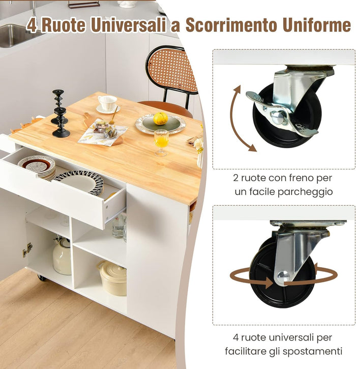 Carrello da Cucina con Cassetto, Carrello Servizio con Ripiano Aperto e Pieghevole, Carrello Multiuso con Ruote e Portasciugamani, 124x76x92 cm (Bianco)