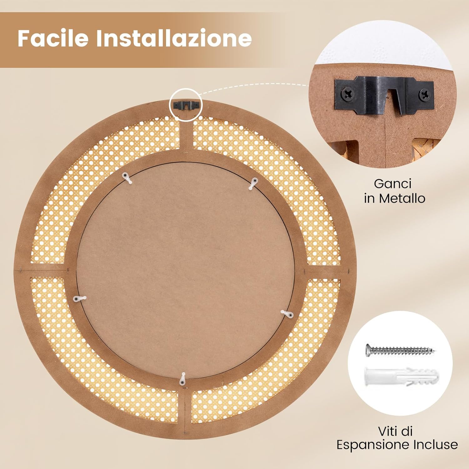 Specchio da Parete Rotondo 40 cm, Specchio con Cornice in Rattan con Vetro in Alluminio, Gancio Metallico, Specchio Decorativo per Soggiorno Camera da Letto Ingresso (Rotondo 40 cm)