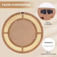 Specchio da Parete Rotondo 40 cm, Specchio con Cornice in Rattan con Vetro in Alluminio, Gancio Metallico, Specchio Decorativo per Soggiorno Camera da Letto Ingresso (Rotondo 40 cm)