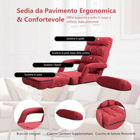 Poltrona Divano con 5 Livelli Regolabili, Sedia da Terra con Braccioli e Cuscino, Struttura in Acciaio, Multifunzione e Pieghevole per Soggiorno Camera da Letto, 55x66x71 cm (Rosso)