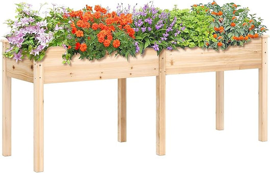 Fioriera da Giardino Rialzata, Letto da Giardino Elevato in Legno con Pannello Divisore, Fori di Drenaggio, Aiuola Rialzata per Piante, Fiori, Erbe e Verdure (Naturale)