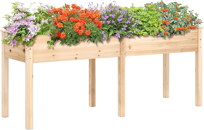 Fioriera da Giardino Rialzata, Letto da Giardino Elevato in Legno con Pannello Divisore, Fori di Drenaggio, Aiuola Rialzata per Piante, Fiori, Erbe e Verdure (Naturale)