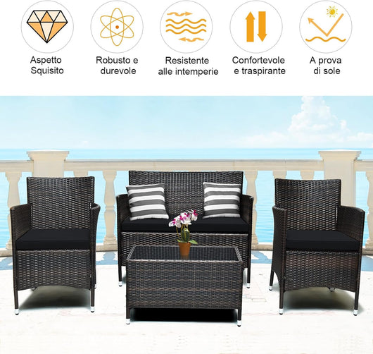 4 Pezzi Set di Mobili da Giardino in Rattan PE, con Tavolino in Vetro Temperato e Cuscini, Set di Divani da Esterno per Giardino Cortile e Piscina (Nero)