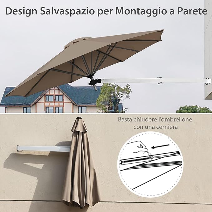 Ombrellone da Parete 247 cm, Ombrellone da Muro per Giardino con Angolo Regolabile, Parasole Esterno Pieghevole Anti UV, per Giardino, Balcone e Cortile