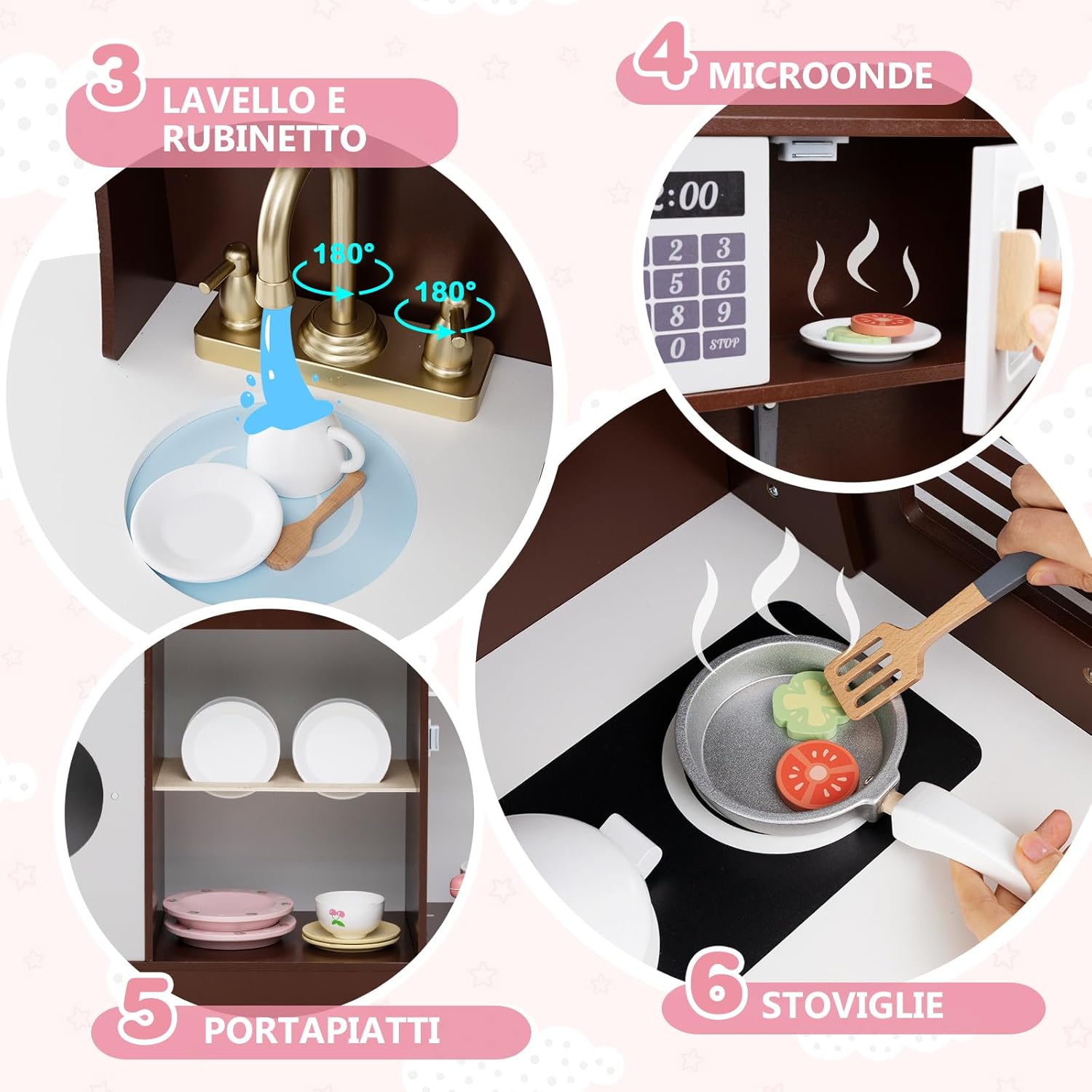 Cucina Giocattolo con Macchina da Caff¨¨ e del Ghiaccio, Cucina per Bambini in Legno con Lavatrice, Microonde, Fornelli e Lavandino, Set Cucina con 27 Accessori, 106 x 30 x 105 cm (Marrone)